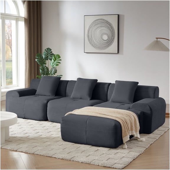 JERFIT 113" Large Modular L-Shaped Sectional Sofa with Ottoman, Dark Gray Corduroy Fabric, Deep Seated Couch for Living Room, No Assembly Required