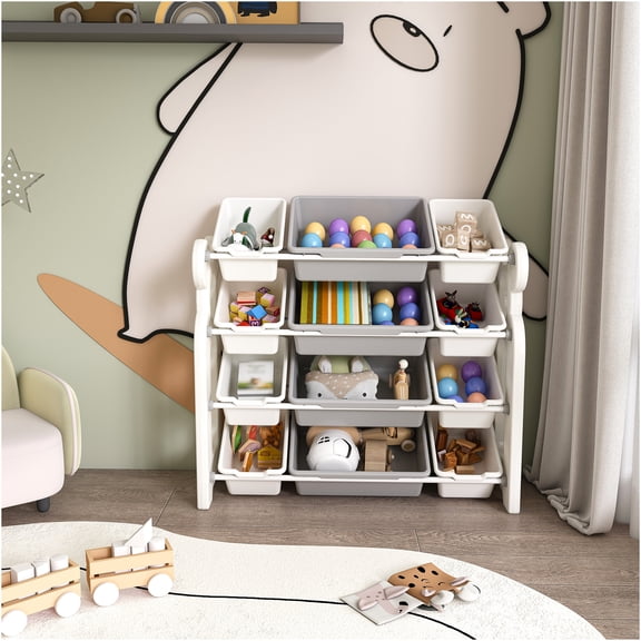 JERFIT 12-Bin Kids Toy Organizer Storage Unit, Grey & Ivory Toy Shelf with Bins for Playroom, Bedroom, Nursery, Living Room