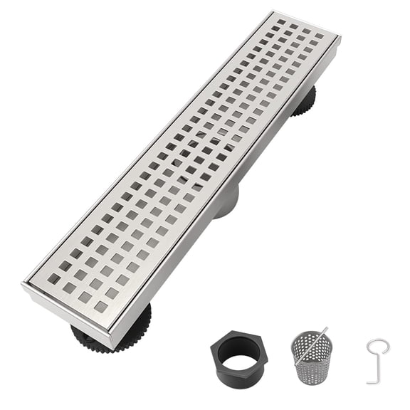 JERFIT 12" Brushed Nickel Linear Shower Drain with Removable Grid Cover, 304 Stainless Steel Floor Drain with Hair Catcher and Adjustable Feet for Wet Room Bathroom