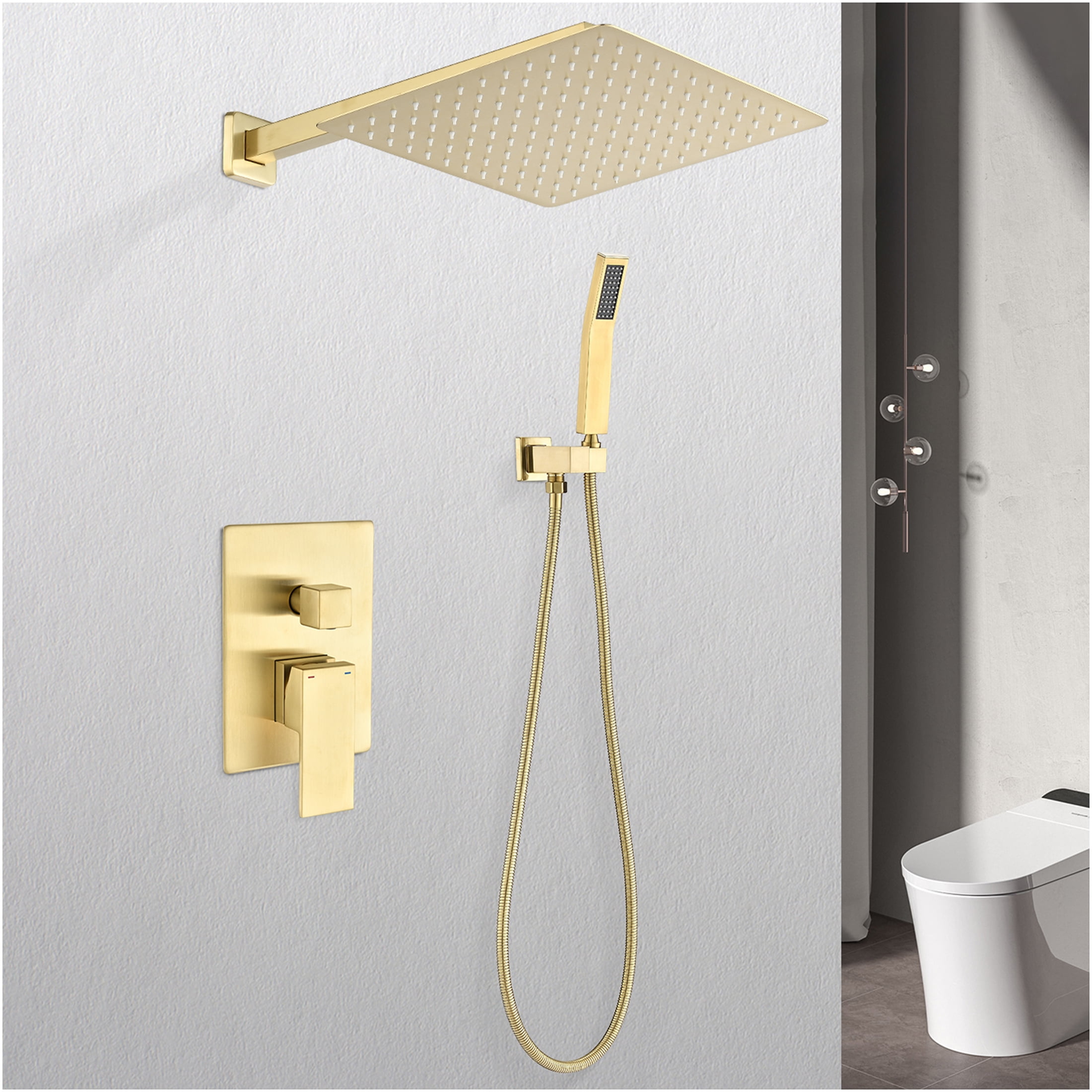 JERFIT 12 Inch Rain Shower Head System Brushed Gold Wall Mounted Luxury High Pressure Showerhead with Self-Cleaning Nozzles, Solid Brass Construction