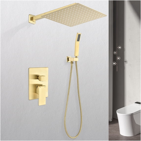 JERFIT 12 Inch Rain Shower Head System Brushed Gold Wall Mounted Luxury High Pressure Showerhead with Self-Cleaning Nozzles, Solid Brass Construction