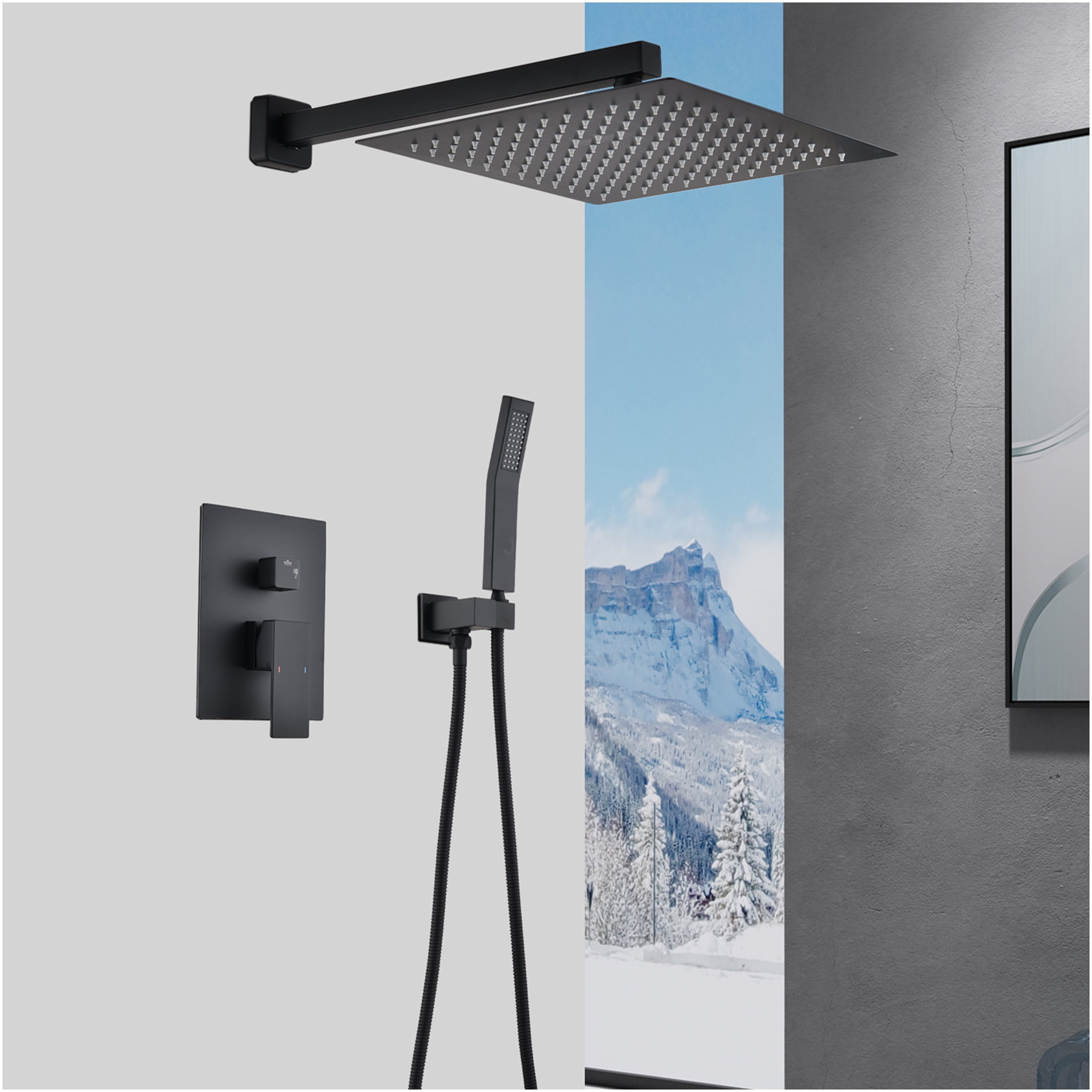 JERFIT 12 Inch Rain Shower Head System Wall Mounted Matte Black, High Pressure Rainfall Showerhead with Anti-Clog Nozzles, Solid Brass Construction
