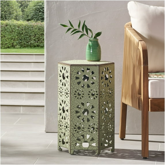 JERFIT 12 Inch Round Side Table for Patio, Green Metal End Table with Sunburst Design, Small Accent Table for Outdoor Garden, Poolside, Balcony or Living Room