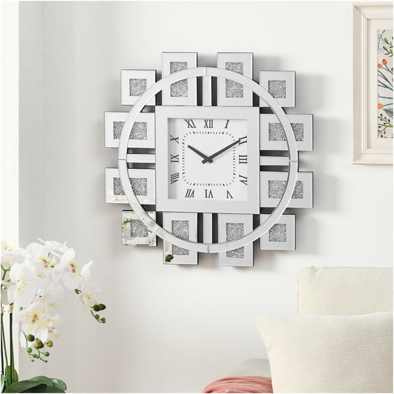 JERFIT 12 Inch Square Mirror Wall Clock with Faux Crystal Inlay, Roman Numerals, Silent Non-Ticking Quartz Movement