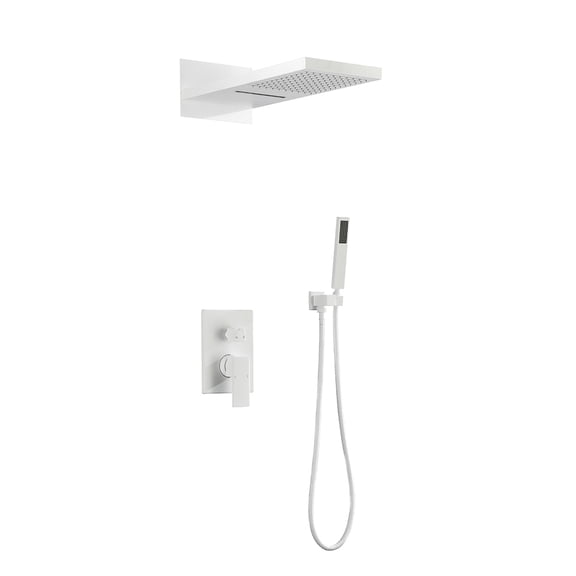JERFIT 12 Inch White Wall Mounted Rainfall Shower System with Handheld, Dual-Function Waterfall Rain Shower Head, Solid Brass Construction