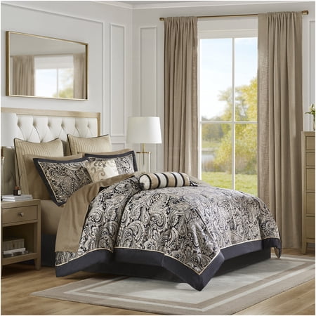 JERFIT 12-Piece California King Comforter Set with 200 Thread Count Cotton Sheets, Black and Gold Paisley Jacquard Bedding Collection