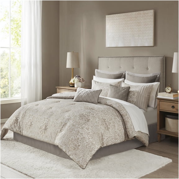 JERFIT 12-Piece Jacquard King Comforter Set with Sheets, Khaki & Gold Bedding Ensemble, Luxury Damask Pattern