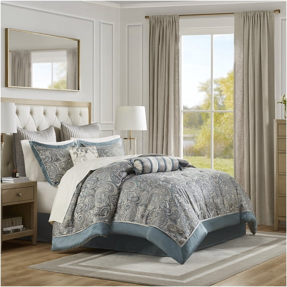 JERFIT 12-Piece King Comforter Set with 200TC Cotton Sateen Sheets, Teal Paisley Bedding Collection