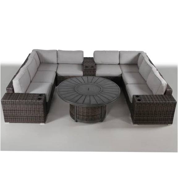 JERFIT 12-Piece Outdoor Patio Sectional Set with Fire Pit Table, Espresso Brown Wicker Sofa Seating Group & 18 Cushions, No Assembly, Propane/Natural Gas