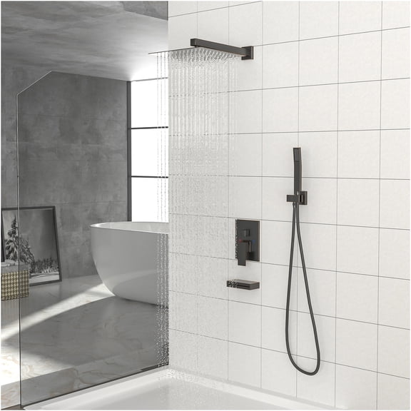 JERFIT 12" Square Rainfall Shower System, Wall Mounted Oil Rubbed Bronze 3-Function Shower Combo with Rough-in Valve, Handheld Shower & Waterfall Tub Spout
