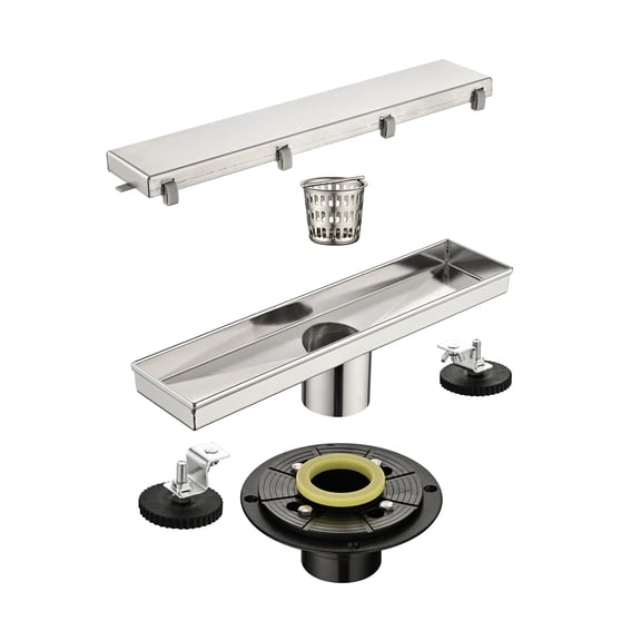 JERFIT 12 inch Linear Shower Drain Brushed Nickel, Modern Slim Channel Drain with Hair Catcher and Adjustable Feet for Tile Floor Shower Base