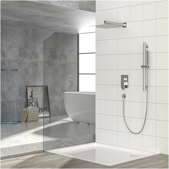 JERFIT 12 inch Square Shower System with Pressure Balance Valve, Adjustable Slide Bar & Rain Handheld Shower Head, Wall Mounted Brushed Nickel