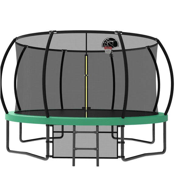 JERFIT 12FT Kids Trampoline with Safety Enclosure Net, Ladder, Basketball Hoop - Outdoor Jumping Toy for Garden Backyard