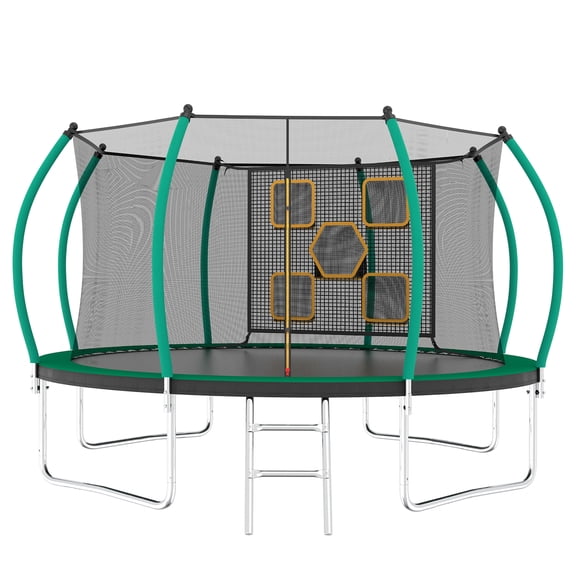 JERFIT 12FT Trampoline with Safety Enclosure Net, Ladder, ASTM Certified, 330LBS Capacity, Outdoor Jumping Mat for Kids and Adults, Black and Green Steel Frame