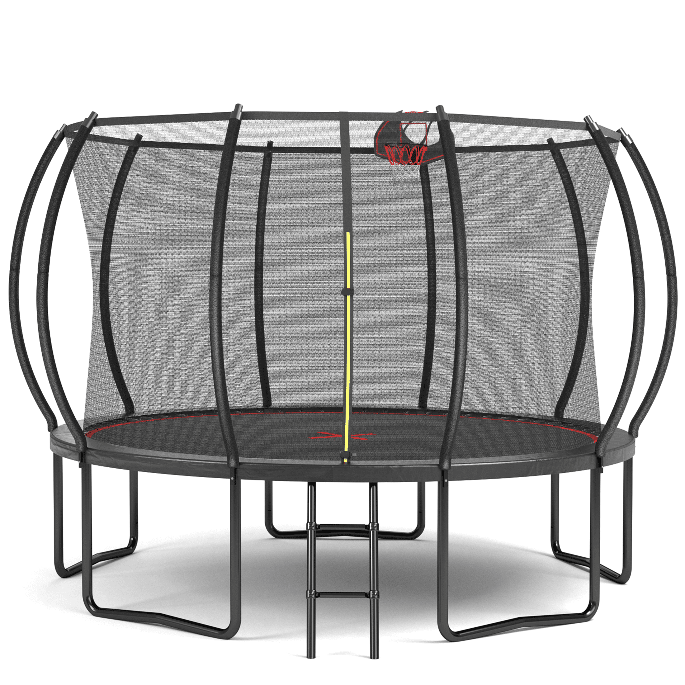 JERFIT 12FT Trampoline with Safety Enclosure Net, Basketball Hoop & Ladder, Outdoor Jumping Mat for Kids, Black and Red