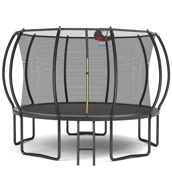 JERFIT 12FT Trampoline with Safety Enclosure Net, Basketball Hoop & Ladder, Outdoor Jumping Mat for Kids, Black and Red
