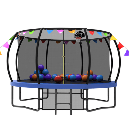 JERFIT 12ft Kids Trampoline with Safety Enclosure Net, Ladder, Basketball Hoop - Outdoor Backyard Fun, Blue