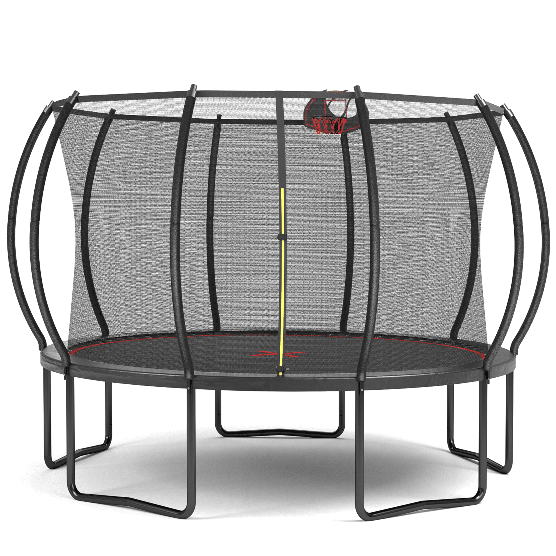 JERFIT 12ft Trampoline with Safety Enclosure Net, Basketball Hoop & Ladder, Outdoor Jumping Mat for Kids and Family, Black and Red