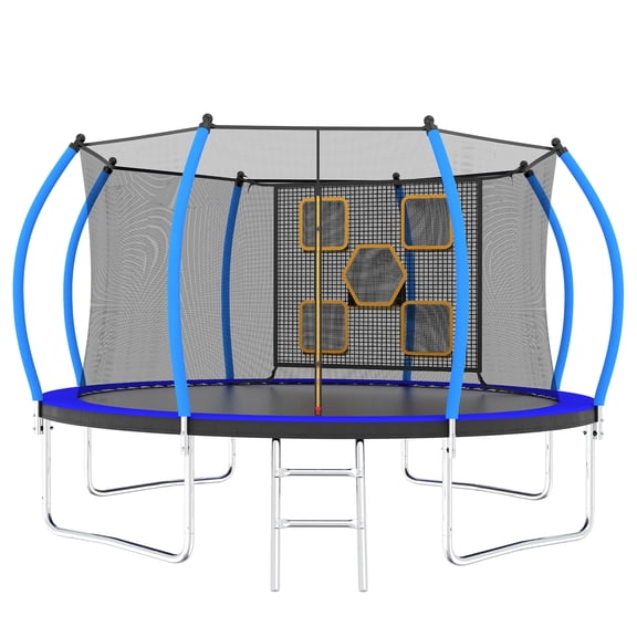 JERFIT 12ft Trampoline with Safety Enclosure Net, Ladder, UV Protection, 330LBS Capacity, ASTM Certified Outdoor Kids Trampoline in Blue and Black