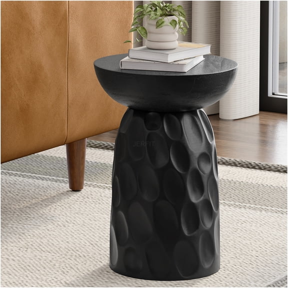 JERFIT 13 inch Black V-Chisel Accent Table, Solid Mango Wood Nightstand Side Table for Living Room, Bedroom, Office