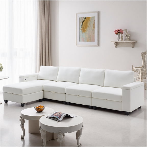 JERFIT 131" White Modular Sectional Sofa Bed with Storage Ottoman, USB/Type-C Charging, Chenille Fabric, Easy Assembly