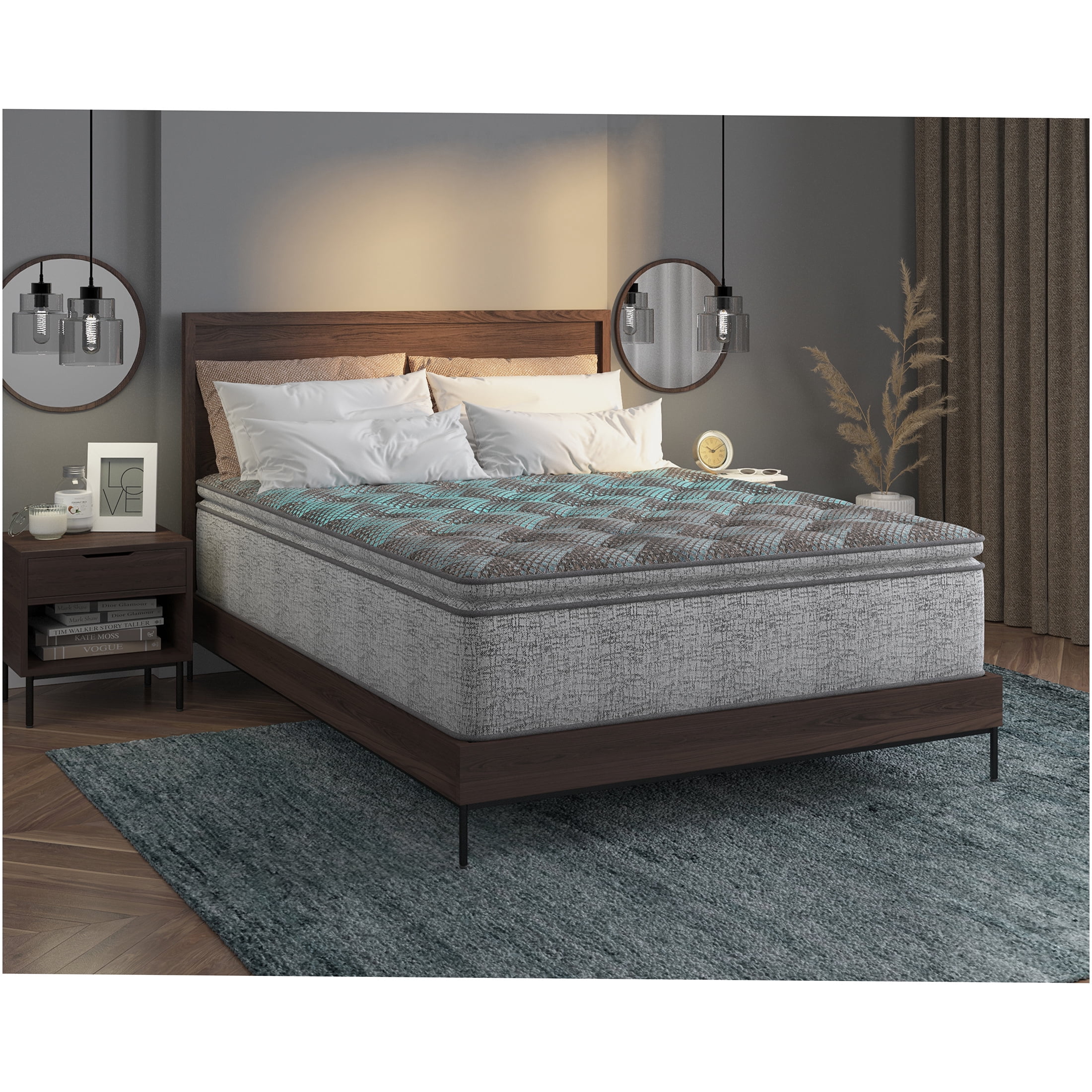 JERFIT 14" Cooling Gel Hybrid Mattress, Plush Euro Top, Pocket Coils, Edge Support, California King, Grey Blue