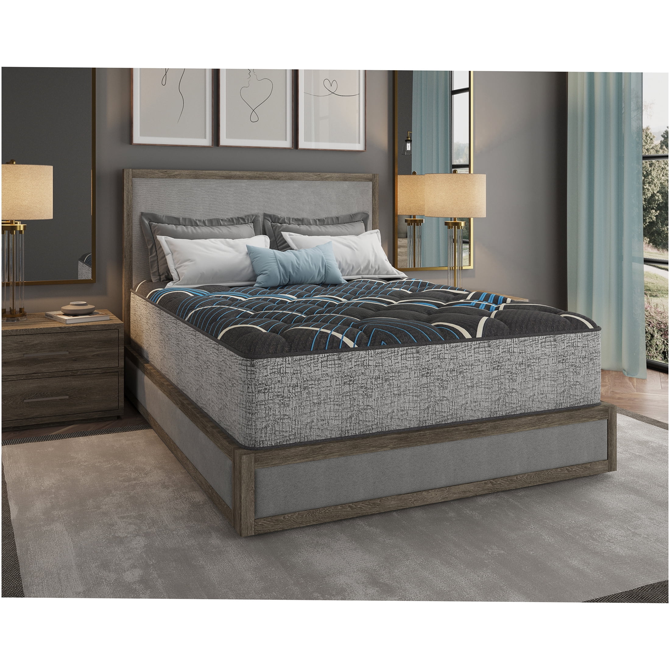 JERFIT 14 Inch King Hybrid Cooling Mattress, Medium Firm Gel Memory Foam with Pocketed Coils for Support, Grey Blue