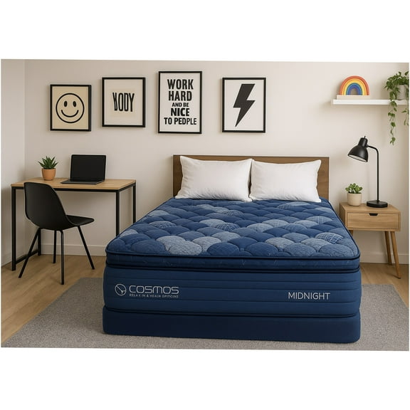 JERFIT 14 Inch Queen Pocket Spring and Memory Foam Hybrid Mattress, Medium Firm Support with Cooling Fabric Cover, Blue Multi, Compressed Rolled for Easy Setup