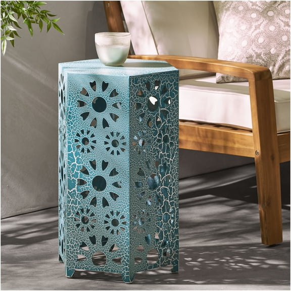 JERFIT 14 inch Outdoor Side Table with Sunburst Design, Lightweight Patio End Table for Drinks & Snacks, No Assembly Iron Furniture, Teal