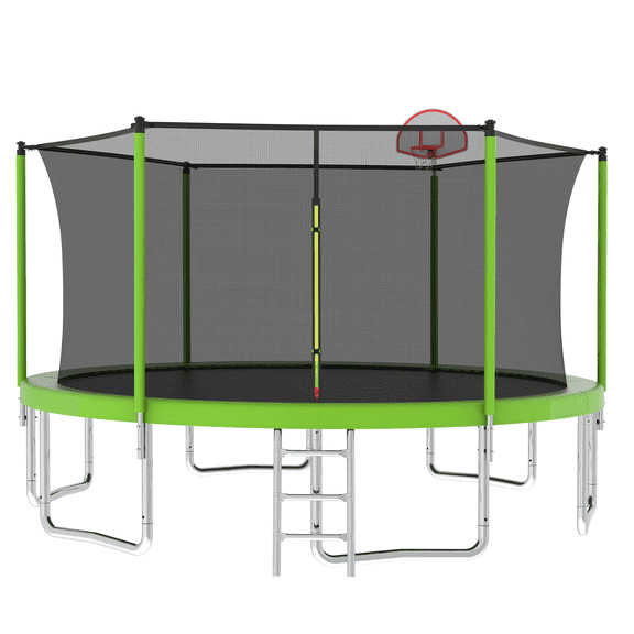 JERFIT 14FT Kids Trampoline with Safety Enclosure Net, Outdoor Large Jumping Mat for Backyard, Includes Basketball Hoop & Ladder, Green