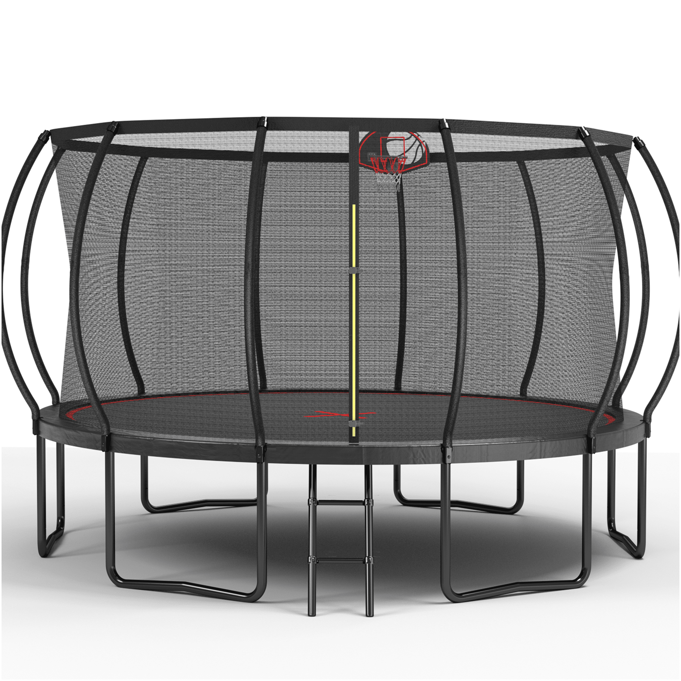 JERFIT 14FT Trampoline with Safety Enclosure Net, Basketball Hoop & Ladder, Outdoor Jumping Mat for Kids, Black and Red Steel Frame