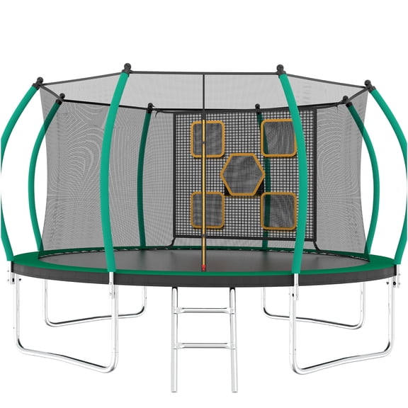 JERFIT 14ft Outdoor Trampoline with Safety Enclosure Net, Ladder, 80 Galvanized Springs, 330 lbs Weight Capacity, ASTM Certified, Black Green Jumping Mat for Kids and Adults