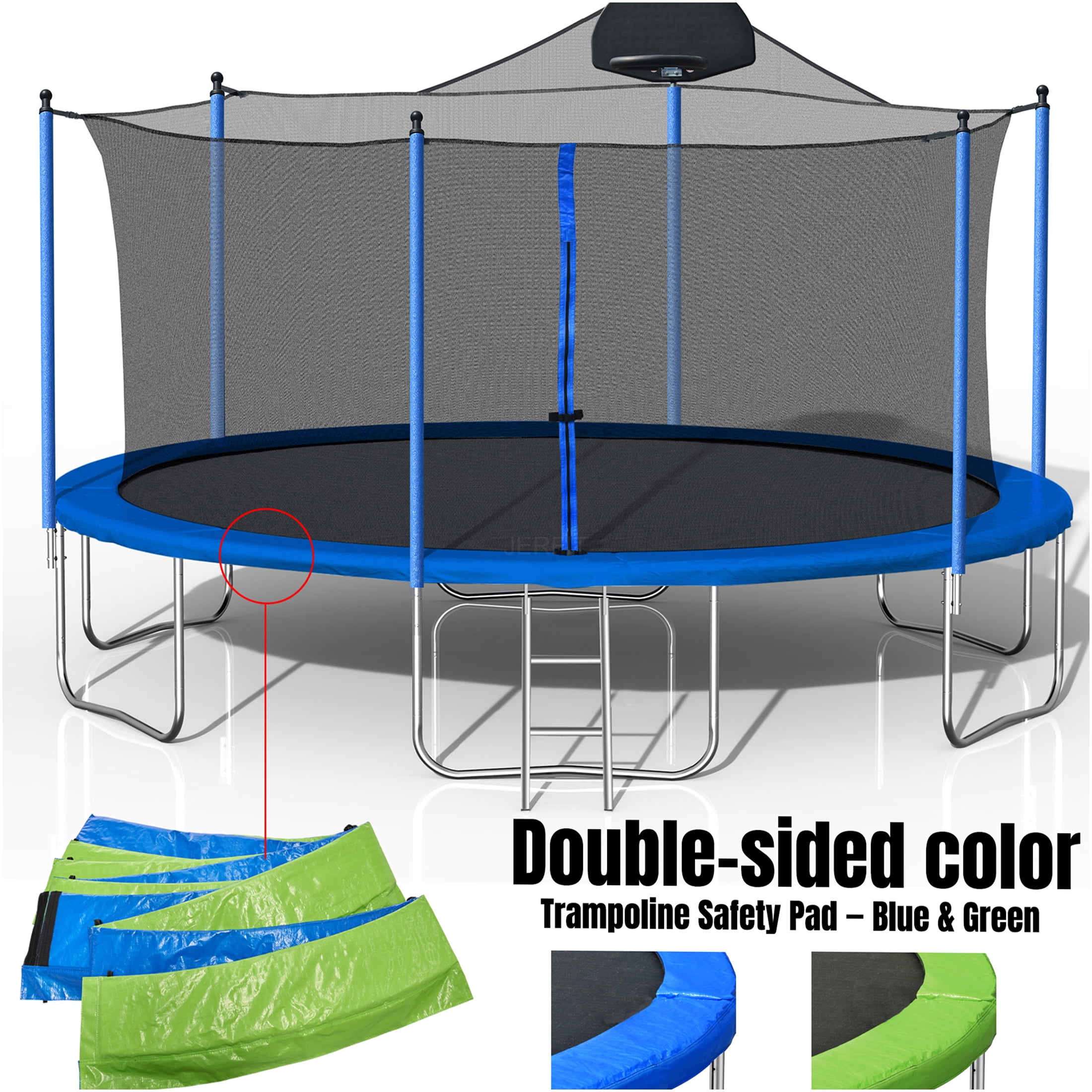 JERFIT 14ft Trampoline with Basketball Hoop & Safety Net, Double-Sided Blue/Green Jump Mat, Outdoor Bouncer with Enclosure and Ladder for Kids and Adults