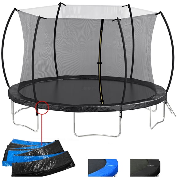 JERFIT 14ft Trampoline with Safety Enclosure Net, Ladder, Curved Poles - Outdoor Bounce Jumping Toy for Kids and Adults, Blue/Black Double-Sided Pad
