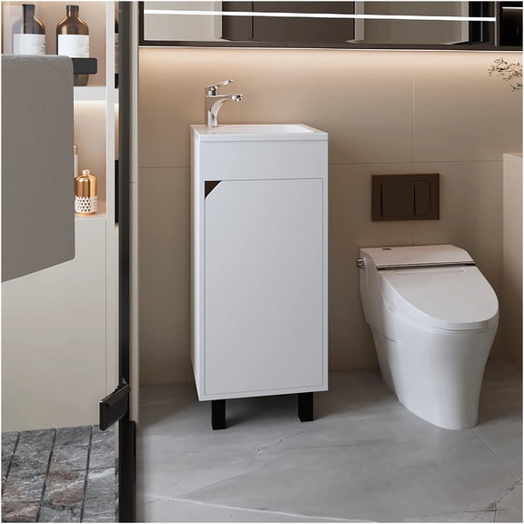 JERFIT 15.7" Small Bathroom Vanity with Integrated Porcelain Sink, White Modern Cabinet with Storage Shelf for Powder Room