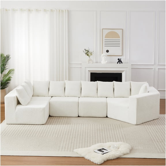 JERFIT 151.6 Inch Large L-Shaped Sectional Sofa with Chaise, 5-Seater Chenille Fabric Couch, Recliner Design, No Assembly Required, Beige