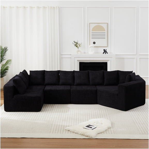 JERFIT 151.6" Large L-Shaped Sectional Sofa with Recliner, 11 Pillows, No Assembly Chenille Fabric Couch for Living Room, Black