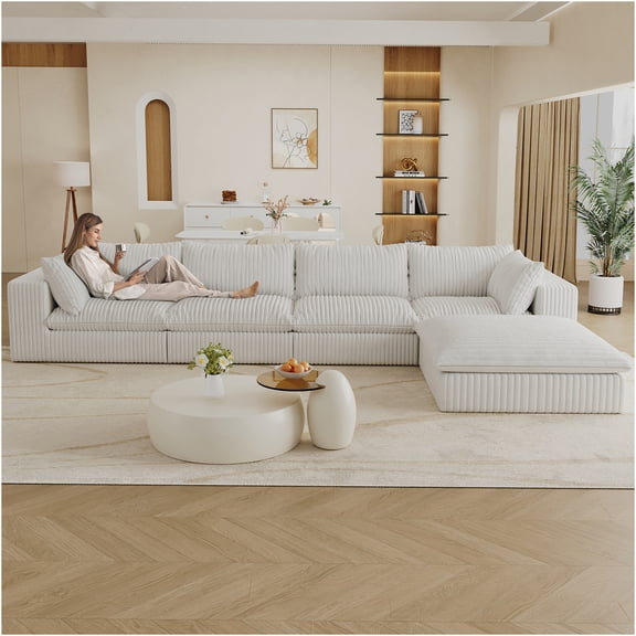 JERFIT 157.6 Inch Modular Cloud Sectional Sofa Couch with Feather Cushions, Plush Corduroy Fabric, No Assembly Deep Seating for Living Room, White