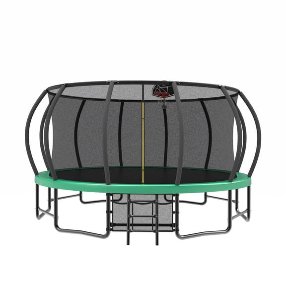 JERFIT 15ft Trampoline with Basketball Hoop, Enclosure Net & Ladder, Green Backyard Bounce Sport Set for Kids & Adults, ASTM Certified