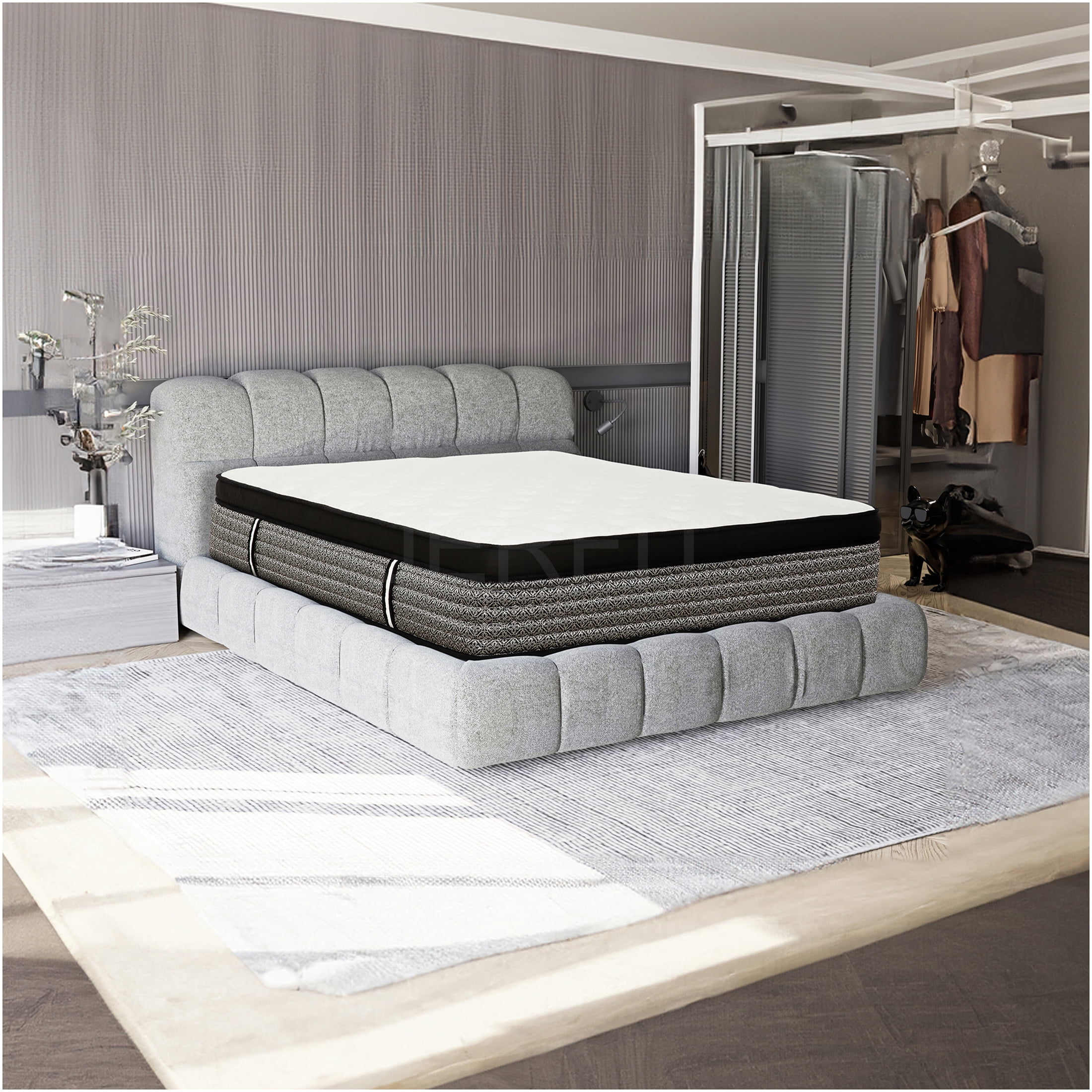 JERFIT 16" King Hybrid Mattress, Euro Pillow Top, Gel Memory Foam Pocket Coils for Cool Sleep, Pressure Relief, Motion Isolation, Grey
