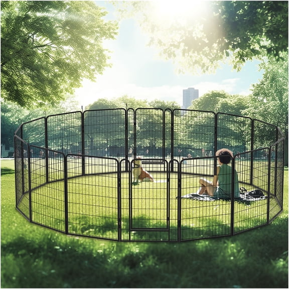 JERFIT 16 Panel Heavy Duty Metal Dog Playpen with Door, 39.4" H Pet Exercise Pen for Outdoor & Indoor Use, Rust-Proof Black Puppy Play Yard Fence