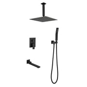 JERFIT 16 inch Luxury Square Rain Shower System Combo Set, Matte Black Shower Panel with Rainfall Showerhead, Hand Shower & Diverter Valve