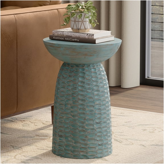 JERFIT 16 inch Teal Side Table, Solid Mango Wood End Table for Living Room, Bohemian Accent Table with Carved Details, Plant Stand