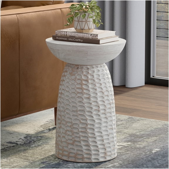 JERFIT 16 inch White Washed End Table, Solid Mango Wood Accent Table for Living Room, Bedroom, Modern Side Table with Hand-Carved Texture