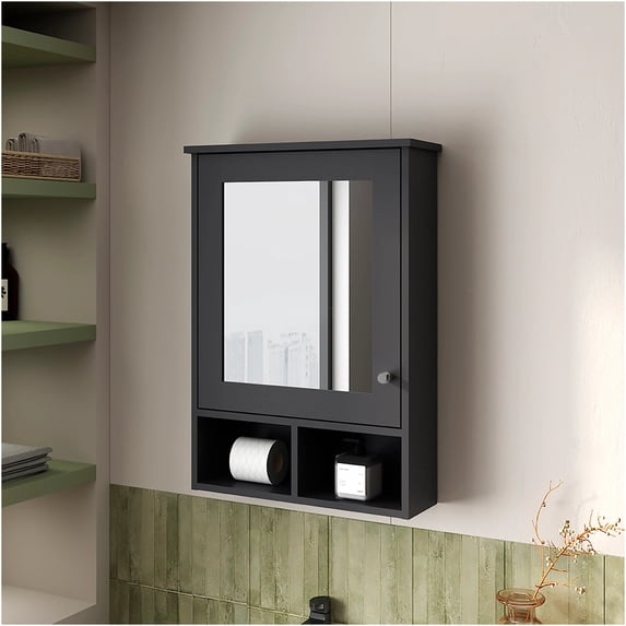 JERFIT 16" x 29" Wall Mount Black Medicine Cabinet with Mirror, Particle Board Bathroom Storage Organizer for Essentials