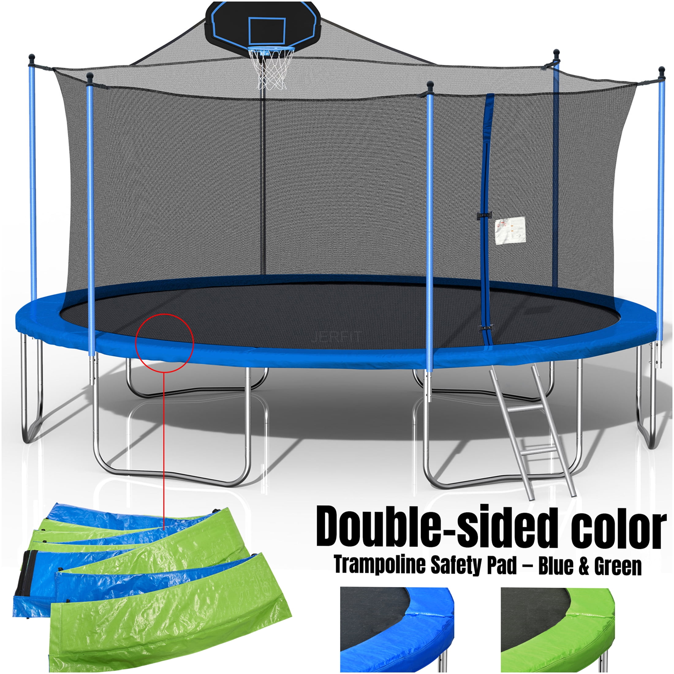 JERFIT 16ft Trampoline with Basketball Hoop, Safety Enclosure Net, Double-Sided Color Cover & Ladder for Outdoor Family Fun