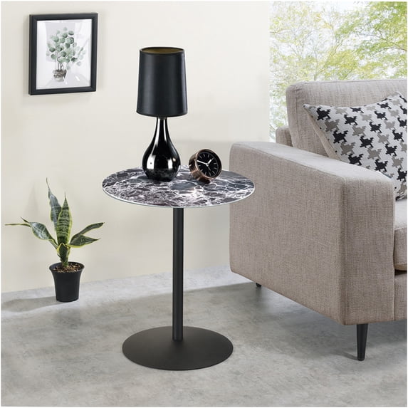 JERFIT Modern End Table with Black Marble Textured Glass Top, Small Accent Table for Living Room, Bedroom, Dorm