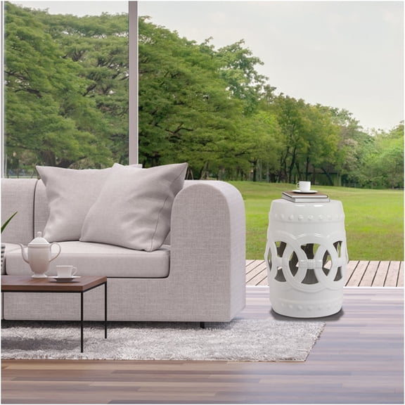 JERFIT 17 Inch White Ceramic Drum Stool, Garden Stool Side Table with Cut-Out Design for Patio, Balcony, Living Room Indoor Outdoor Use