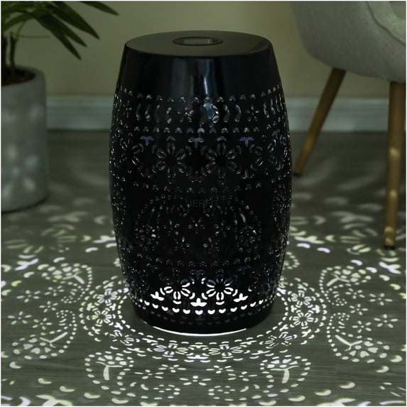 JERFIT 18.25" Black Solar Powered Outdoor Side Table with LED Light, Iron Accent Table for Garden Patio Deck
