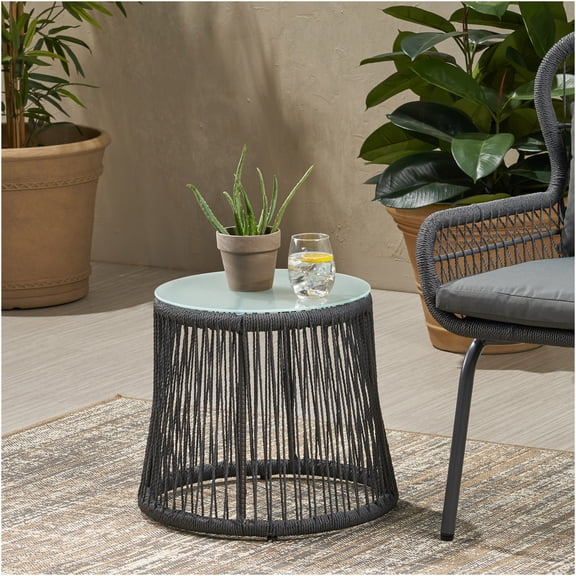 JERFIT 18.75" Boho Side Table with Glass Top, Woven Rope & Iron Frame, Gray End Table for Patio, Living Room, Balcony